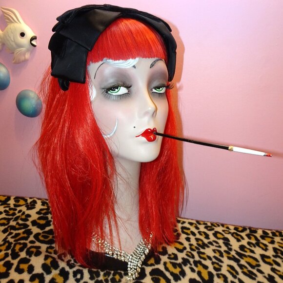 Vintage Black Velvet & Satin ILGWU Fascinator Hat Bow pinup retro rockabilly - Picture 15 of 16